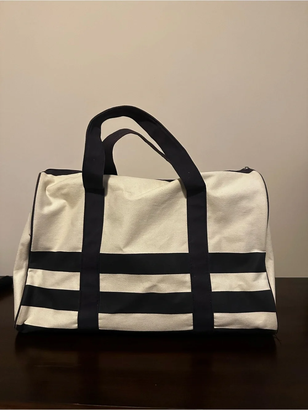 Jean Paul Gaultier Cream and Black Striped Duffel Bag